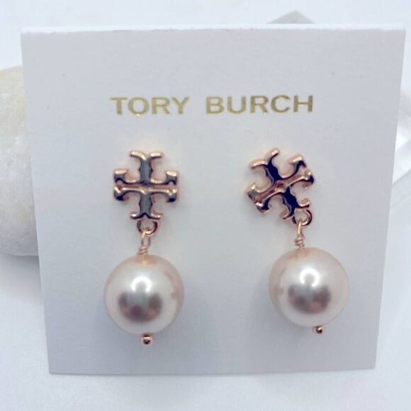 Tory Burch Jewelry - NWOT Tory Burch Rose Gold Logo Stud Drop Pearl Earrings